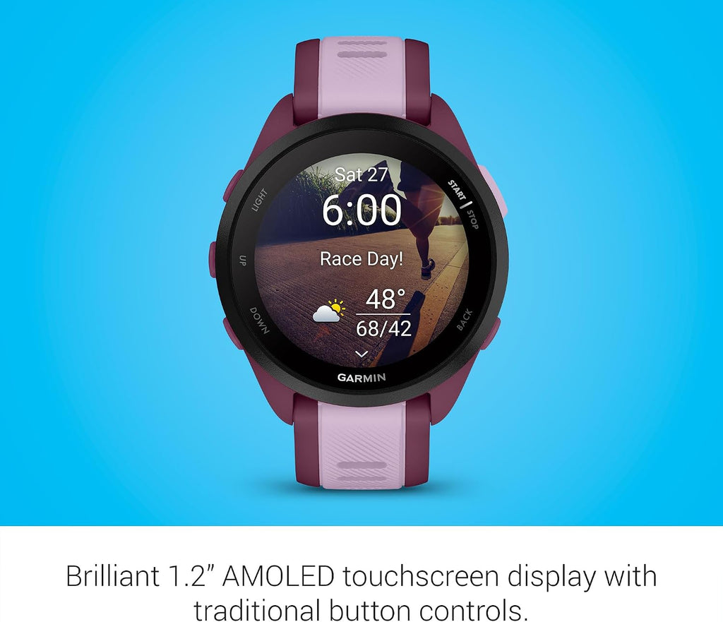 Garmin Forerunner 165 Music GPS Smartwatch, Turquoise | AMOLED Display, Daily Workouts, Music | Signature Series Modern Power Stand Bundle
