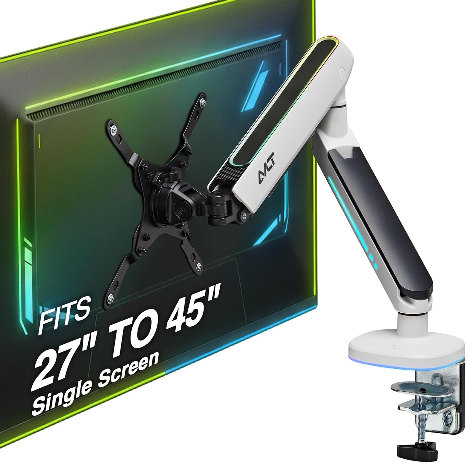 AVLT Single 27'-45' RGB Gaming Monitor Arm Desk Mount Built-in 20 Lighting Modes Touch Button Control Fits Flat/Curved/Ultrawide Screens Height Swivel Tilt Rotation Adjustable Stand -White