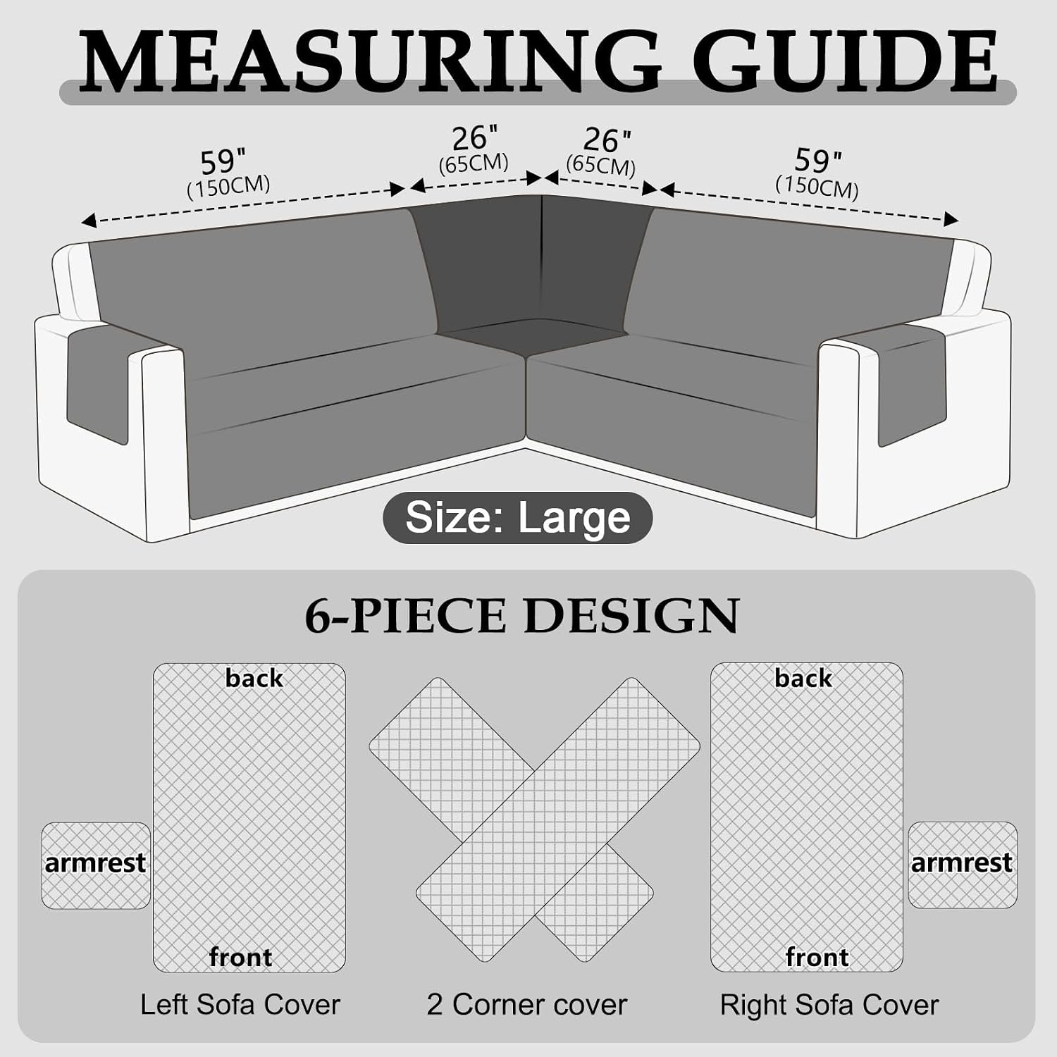 HDCAXKJ Waterproof Sectional Couch Cover L Shaped Sofa Covers Washable Corner Sectional Slipcovers Dog Pet Proof U Shape Furniture Protector with Upgraded Anti Slip Strips (Large, Dark Grey)