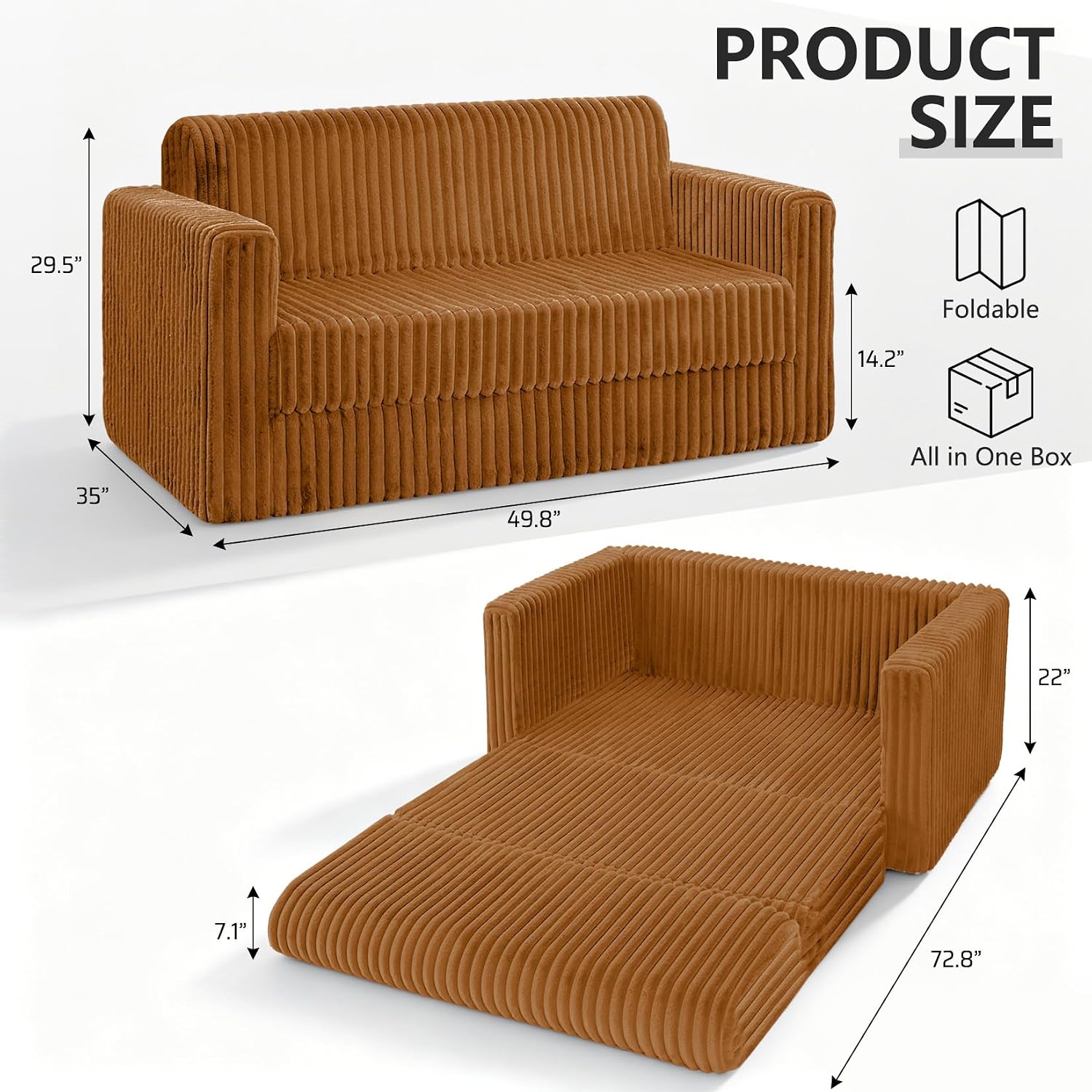 HABUTWAY Folding Sofa Bed, 2 in 1 Convertible Sleeper Chair with Armrest, Portable Fold Out Chair Bed, Comfy Floor Couch, Multi-Functional Lazy Sofa for Living Room Bedroom Dorm Home Office, Caramel
