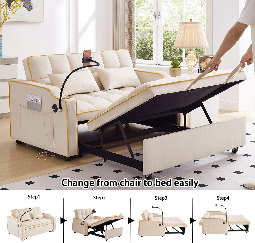 Convertible Sofa Bed, 3 in 1 Futon Sofa Bed with USB Charging Ports, Cup Holder, Phone Stand & Pocket, Modern Upholstered Sleeper Sofa for Living Room, Apartment or Small Space (Beige-L)
