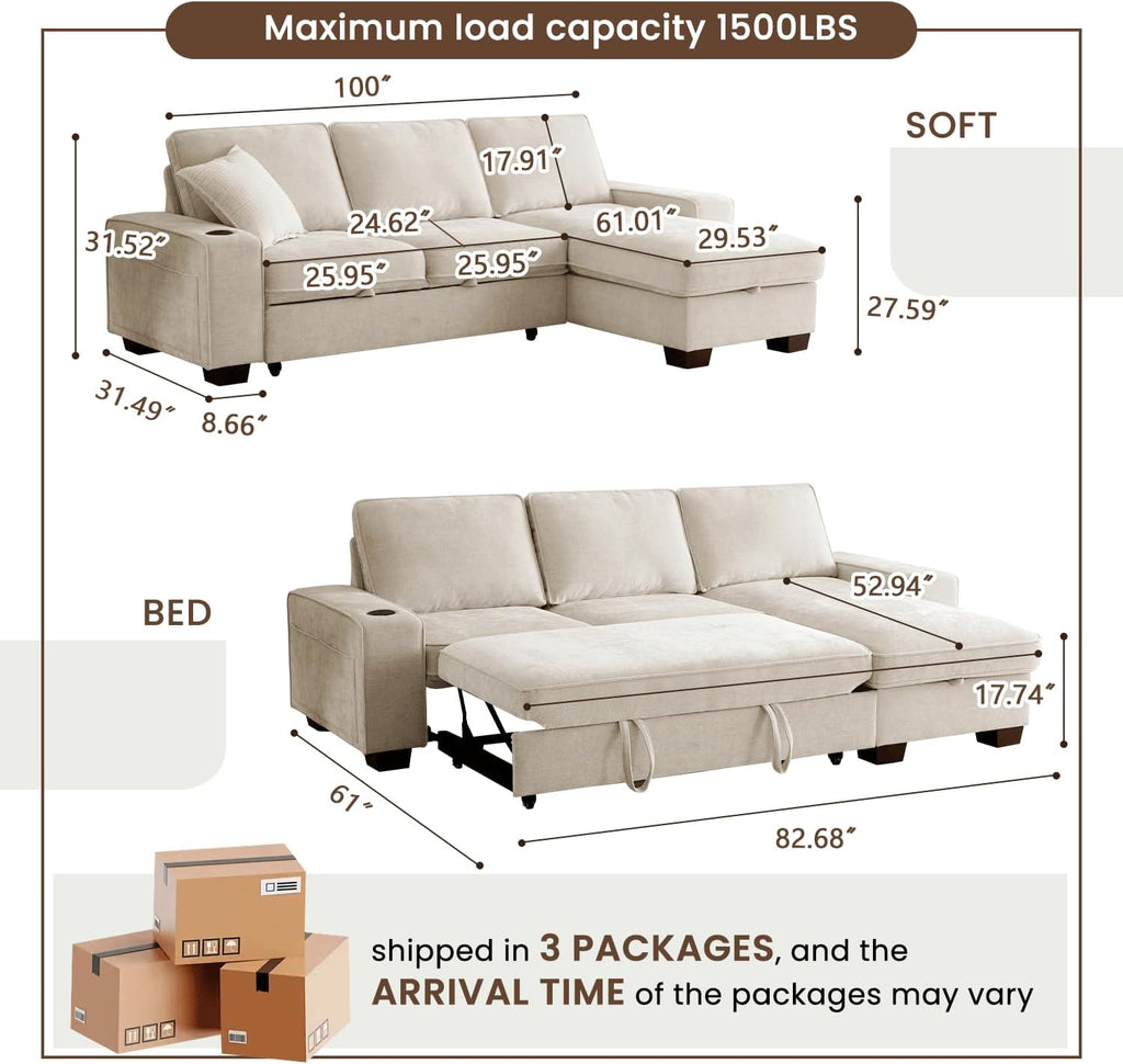 99' Convertible Sleeper Sofa Bed,L Shaped with Storage Chaise Pull Out Couch for Living Room,USB and Type-C,Removable Washable Chenille Covers (Beige)