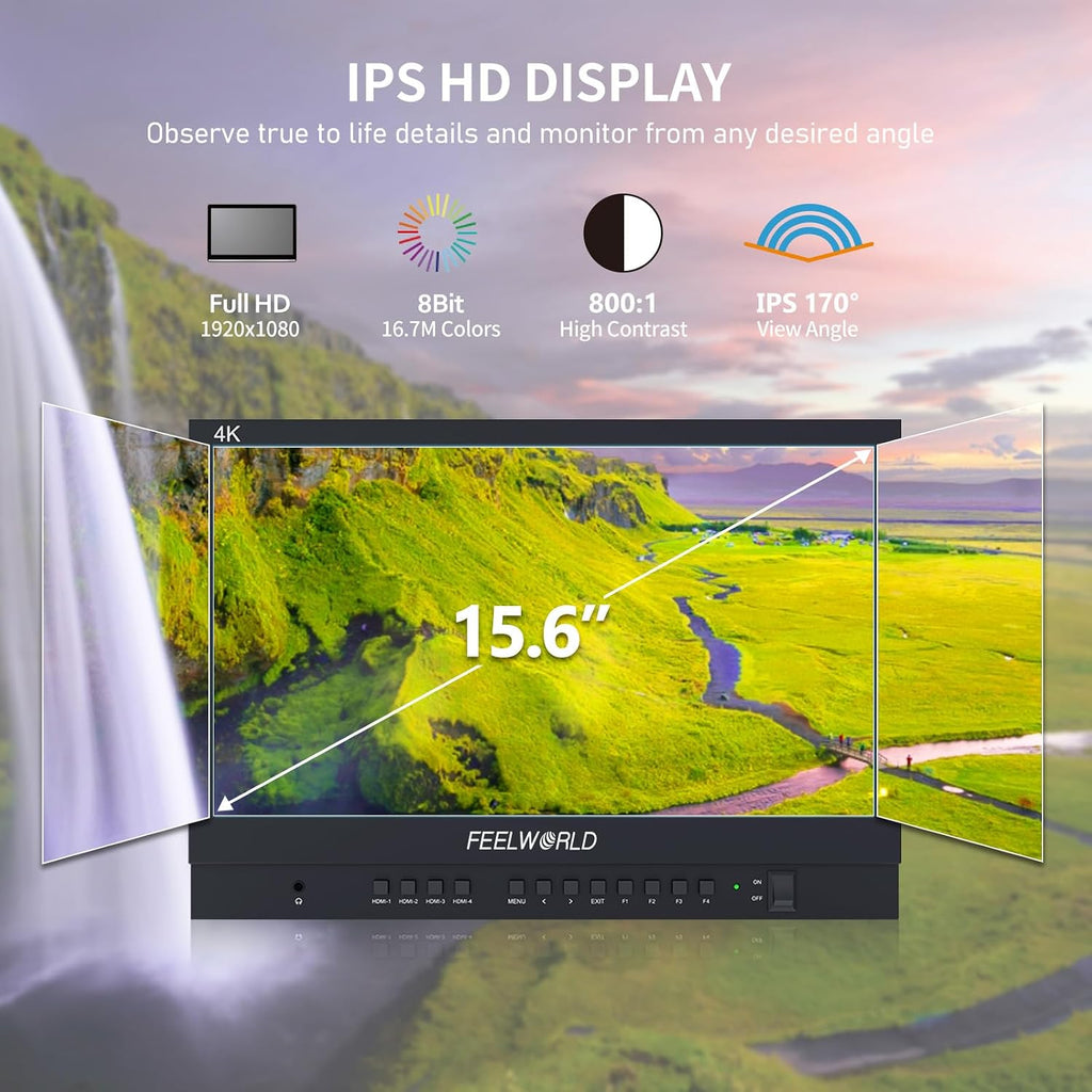 FEELWORLD ATEM156 Quad-Split Monitor 4K 15.6' Director's Monitor with 4 x HDMI I/O Live Streaming Broadcast Display Screen for Switchers, Mixer, Studio, Television