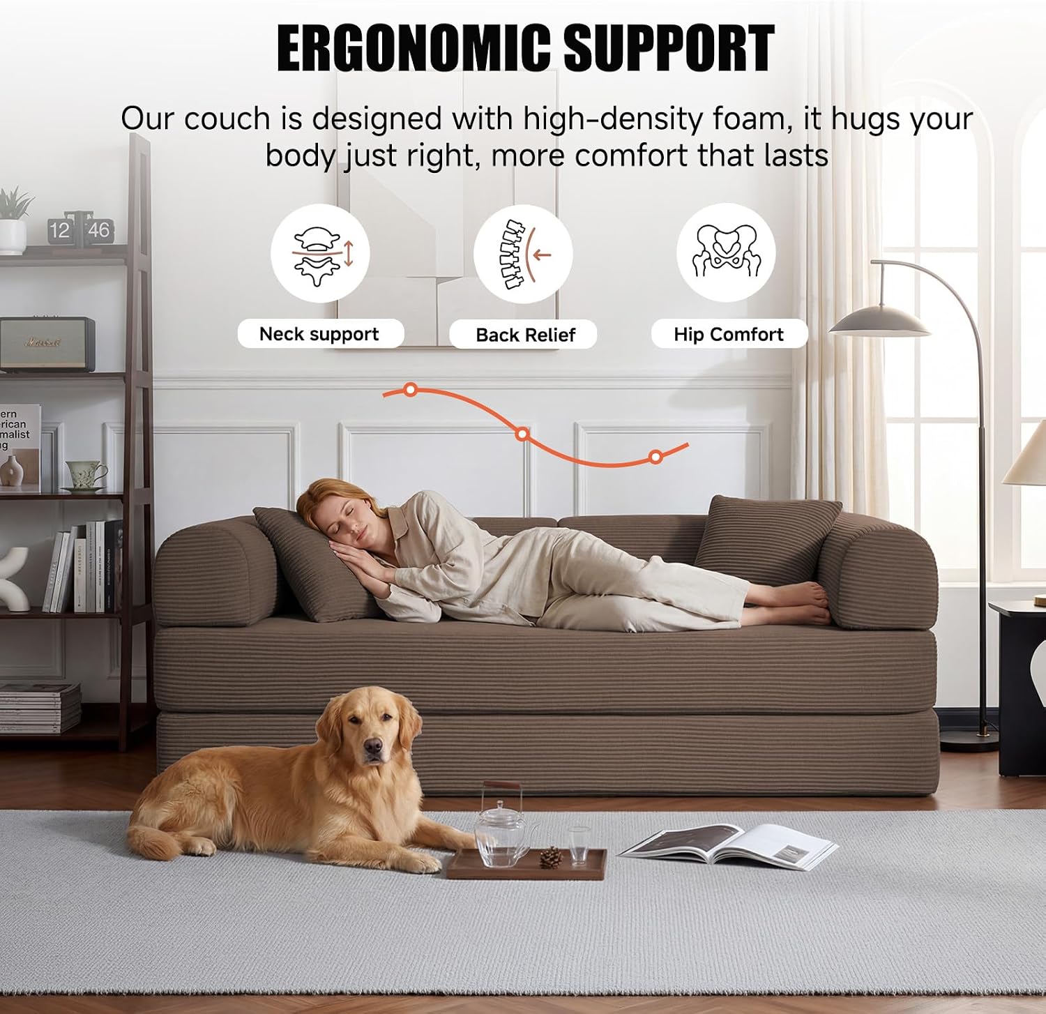 79' Compressed Sofa, Convertible Sofa Bed, Corduroy Compression Boneless Couch with Pillow, Comfy Modular Foldable Floor Sleeper Sofa for Bedroom, Living Room, Lounge, Studio (Brown)
