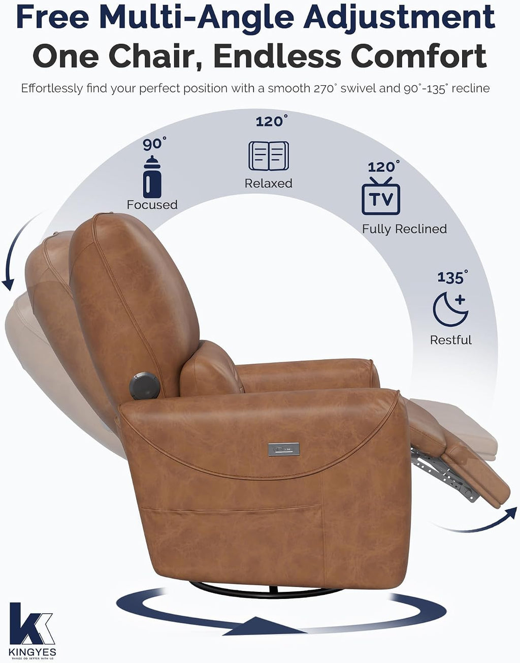 KINGYES Nursery Recliner Rocking Chair, 270° Swivel Glider, with Bluetooth Speaker & USB-C Port, Faux Leather Nursery Rocking Chair, Brown