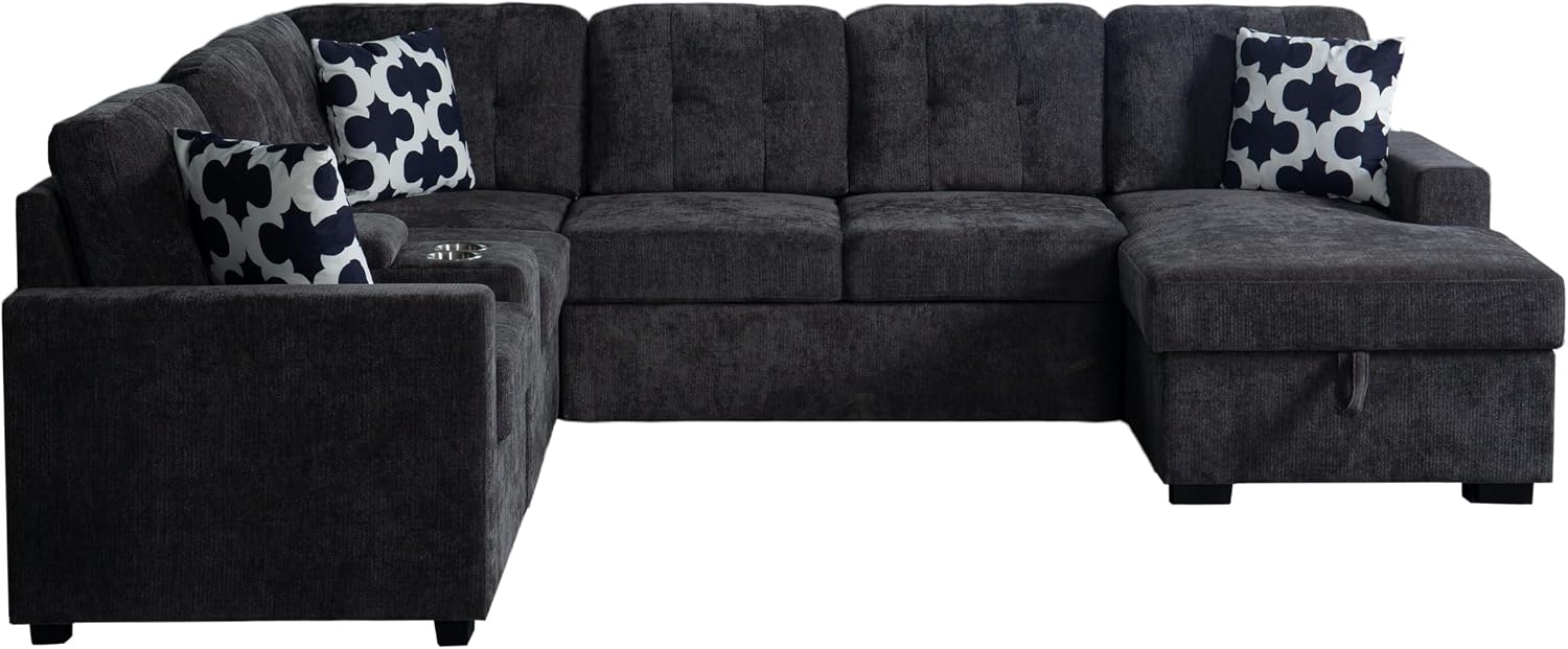 Ball & Cast L-Shape Convertible Sectional Sleeper Sofa Bed 2 in 1 Pull Out Couch with Storage Chaise & Cup Holders,6 Seat Chenille Upholstered Reversible Sleeper Corner Couch for Living Room,Dark Gray
