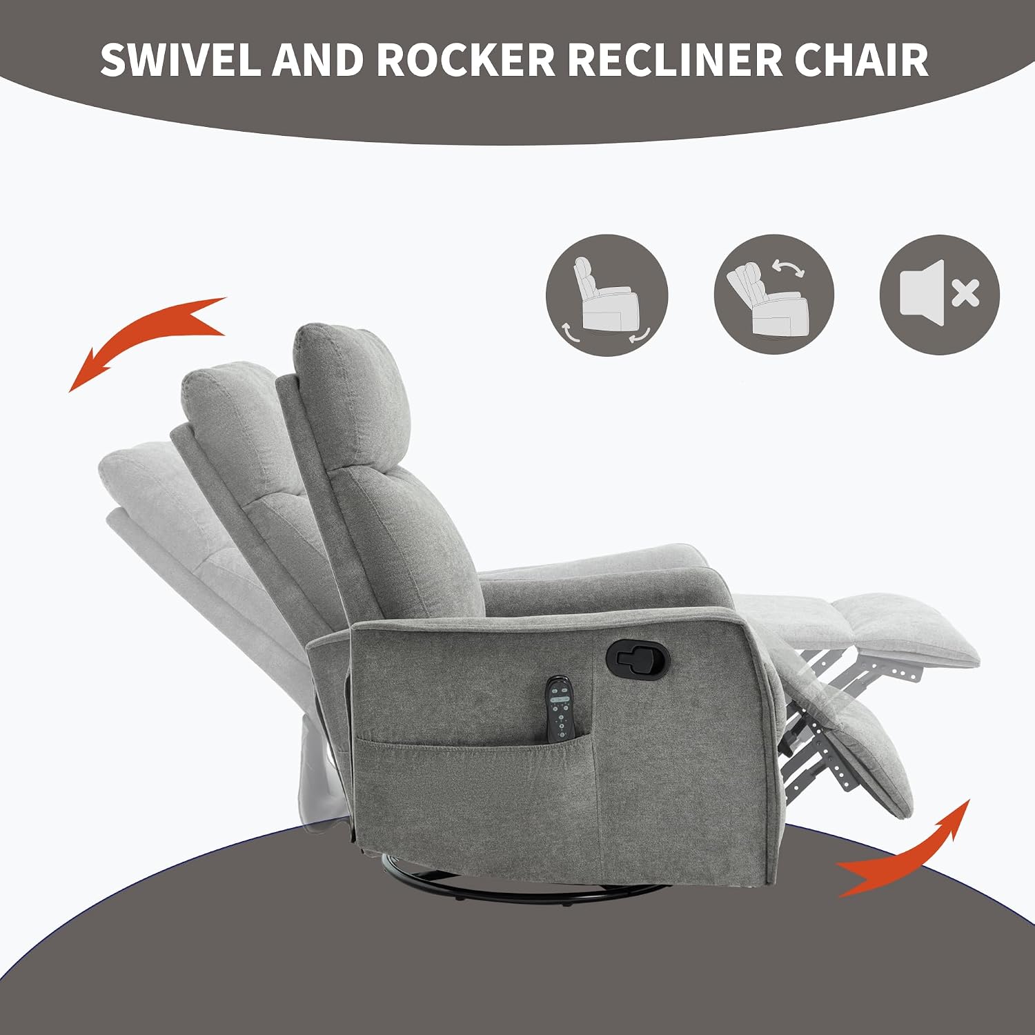 Massage Chair Recliner with Heat, 360° Swivel Glider Rocker with Reclining Backrest and Footrest, Manual Lazy Boy Recliners for Adults, Modern Nursery Rocking Chairs (Grey)