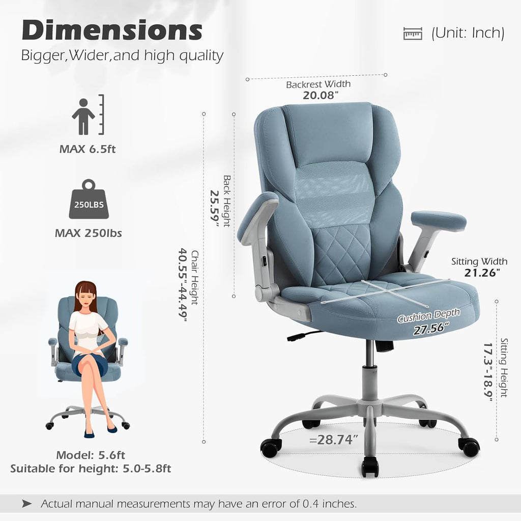 SEATZONE Home Office Desk Chairs with Wheels and Armrests Office Chair Comfortable Ergonomic Mesh with Velvet Executive Computer Chairs for Adults and Teens,Modern Blue Gray