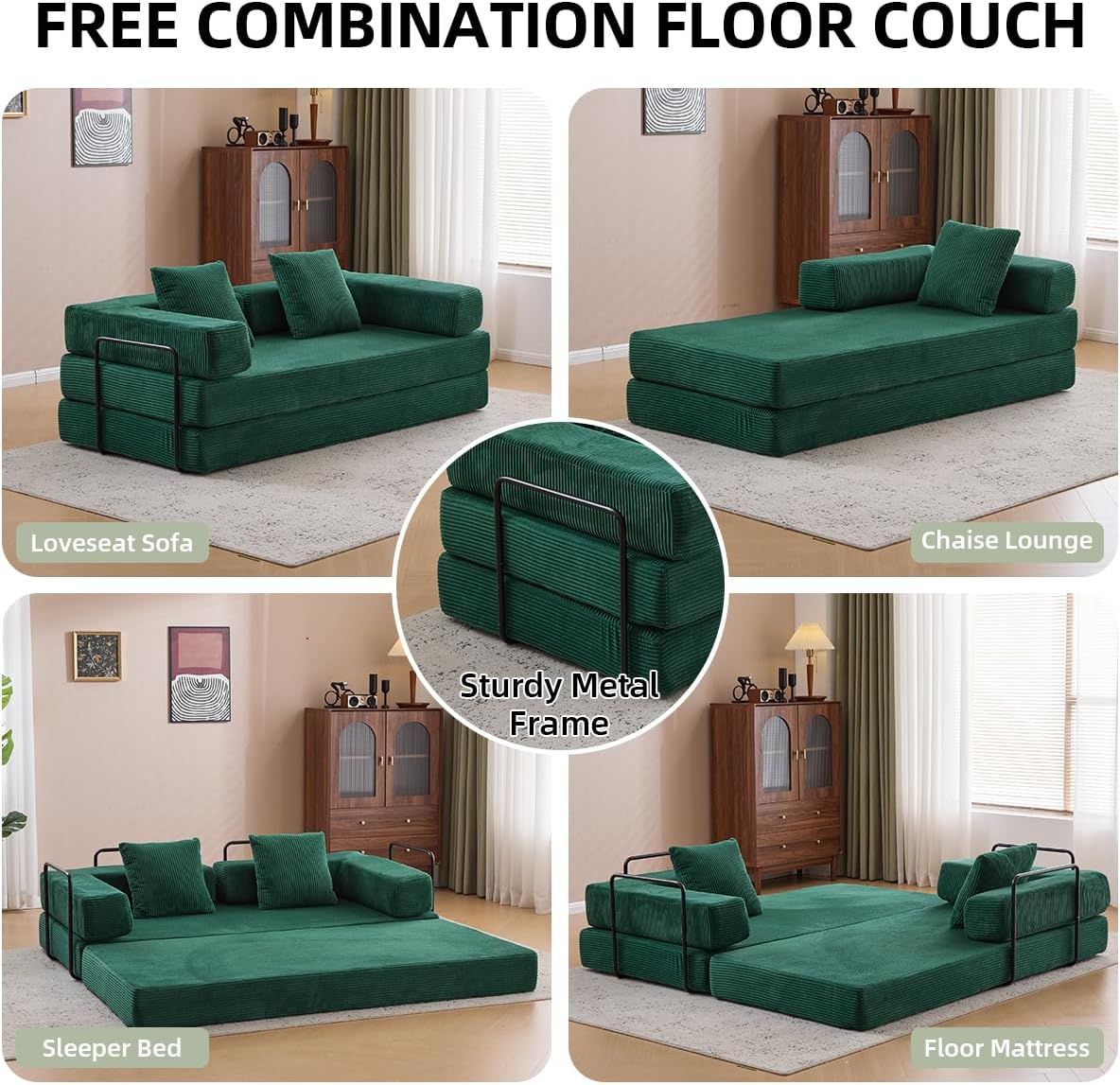 4-in-1 Convertible Folding Sleeper Sofa Bed, Fold Out Floor Sofa Couch with Fixed-Shape Frame, Cloud Corduroy Foldable Mattress Couch for Living Room Bedroom (78.5' Corduroy, Dark Green)