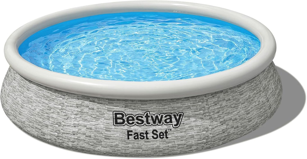 Bestway Fast Set 12' x 30' Round Inflatable Above Ground Swimming Pool Set, Stacked Stone Exterior Outdoor Family Pool with Filter Pump, Gray