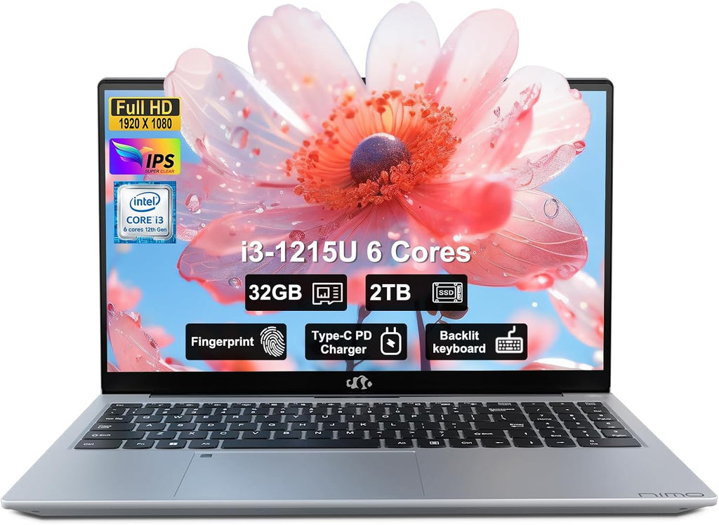 NIMO 15.6 FHD-Laptop,IPS Business Computer,32GB RAM 2TB SSD 6 Cores 12th Intel i3-1215U(up to 3.4 GHz) 65W Type C Laptop-Computer with Backlit Keyboard Fingerprint WiFi6 Win 11