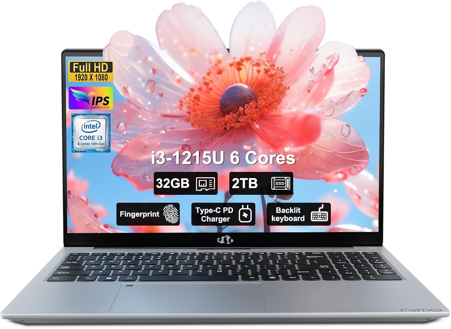 NIMO 15.6 FHD-Laptop,IPS Business Computer,32GB RAM 2TB SSD 6 Cores 12th Intel i3-1215U(up to 3.4 GHz) 65W Type C Laptop-Computer with Backlit Keyboard Fingerprint WiFi6 Win 11