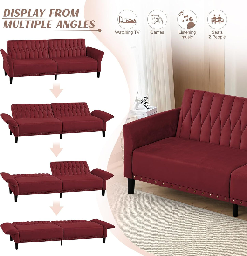 77' Velvet Sofa Bed with Adjustable Armrests and Backrests,Tufted Convertible Futon Couch with Nailhead Trim, Loveseat Modern Velvet Sleeper Sofa for Living Room,Bedroom,Office, Red