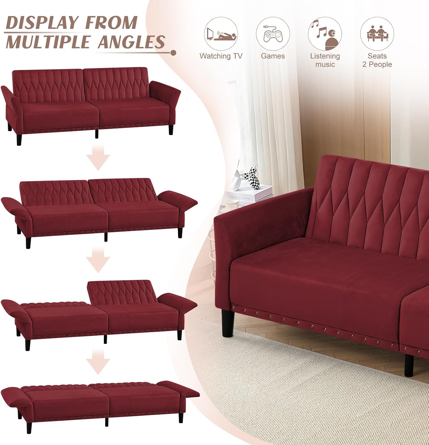 77' Velvet Sofa Bed with Adjustable Armrests and Backrests,Tufted Convertible Futon Couch with Nailhead Trim, Loveseat Modern Velvet Sleeper Sofa for Living Room,Bedroom,Office, Red