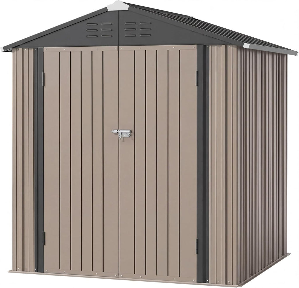 JUMMICO Metal Outdoor Storage Shed 6 x 8 FT Metal Shed with Lockable Door,Waterproof Garden Tool Shed Storage House for Backyard Patio Lawn,Brown