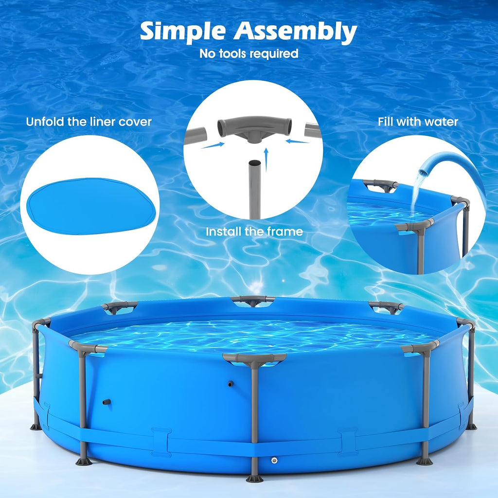GYMAX 10ft x 30in Metal Frame Above Ground Swimming Pool, Outdoor Backyard Famliy Pool Set with Puncture-Resistant Fabric, Drainage Valve Connector for Kids & Adults (10' x 30', Round, Blue)