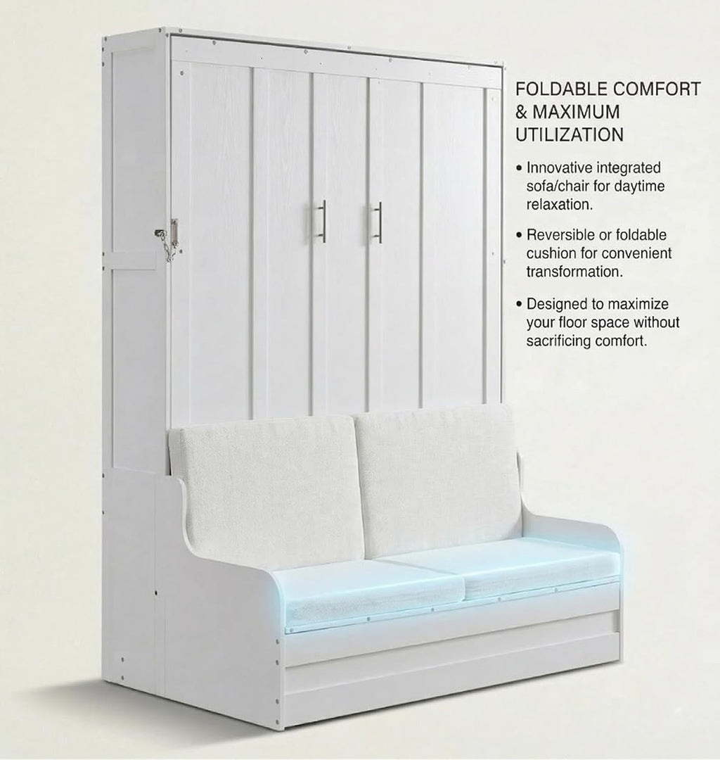 Merax Queen Size Murphy Bed, Wooden Queen Murphy Bed Wall Bed with Sofa and Cushion, for Home Office or Small Room, White