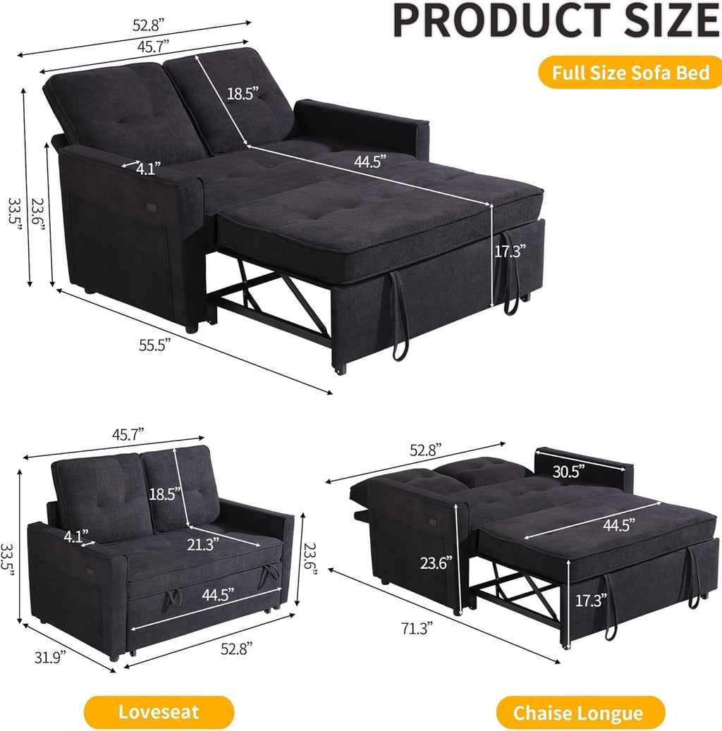 EJUNQ Pull Out Couch, Convertible Sofa Bed with USB and Reclining Backrest, Modern 3 in 1 Sleeper Sofa Couch Bed with Side Pockets, Comfortable Loveseat Sleeper for Small Spaces.(Black)