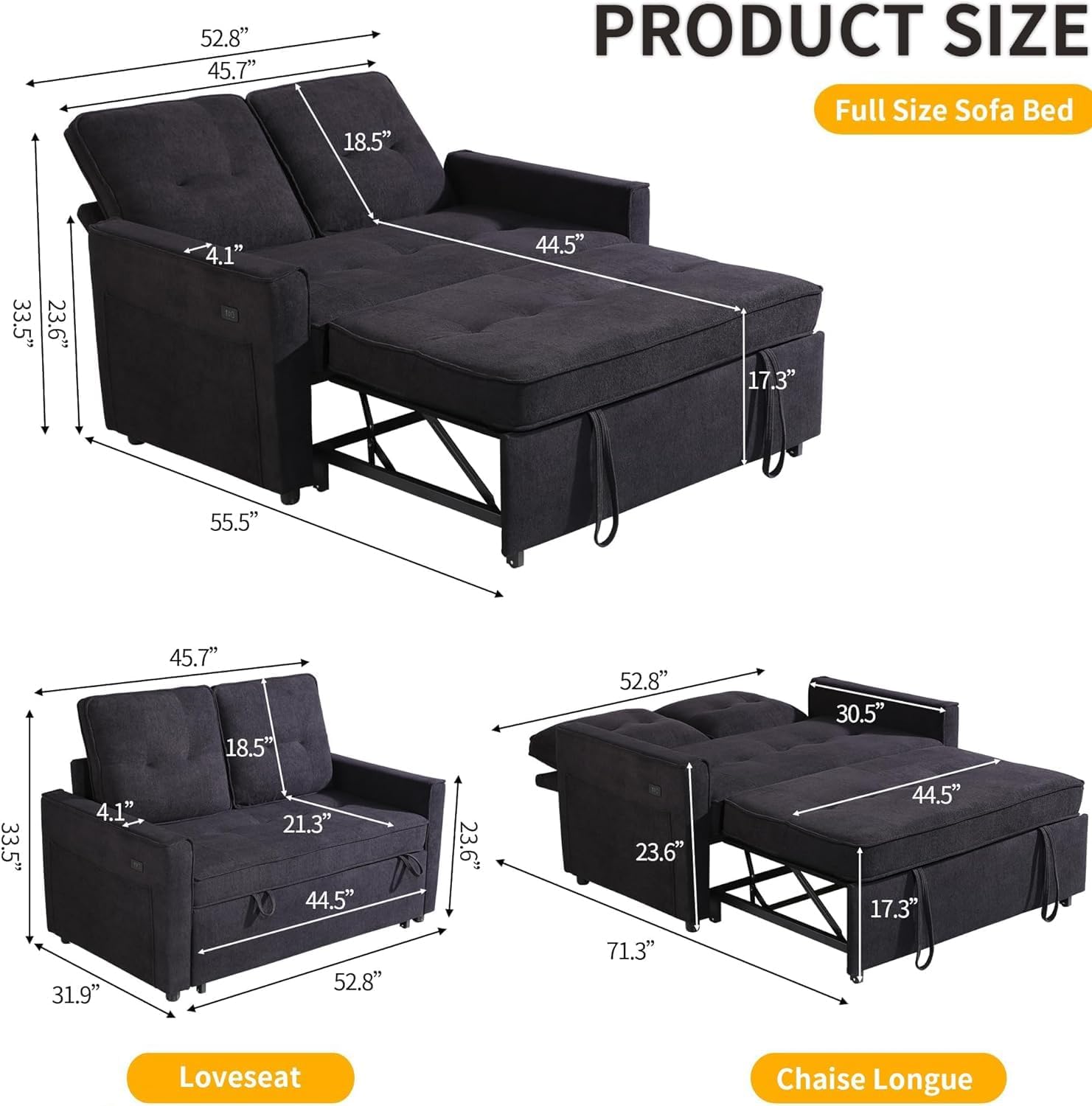 EJUNQ Pull Out Couch, Convertible Sofa Bed with USB and Reclining Backrest, Modern 3 in 1 Sleeper Sofa Couch Bed with Side Pockets, Comfortable Loveseat Sleeper for Small Spaces.(Black)