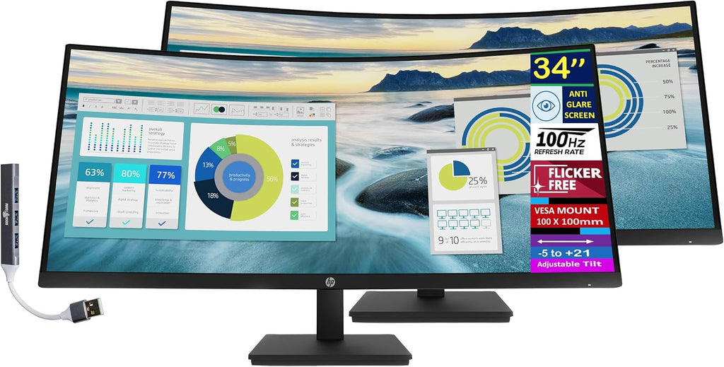 HP P34hc g4 34' WQHD Curved Monitor with 5ms Response Time, Anti-Glare, Flicker Free, 250 nits Brightness, VESA Mount (100mm), Displayport, HDMI & Dockztorm USB Port Expander, Black Color (2 Pack)