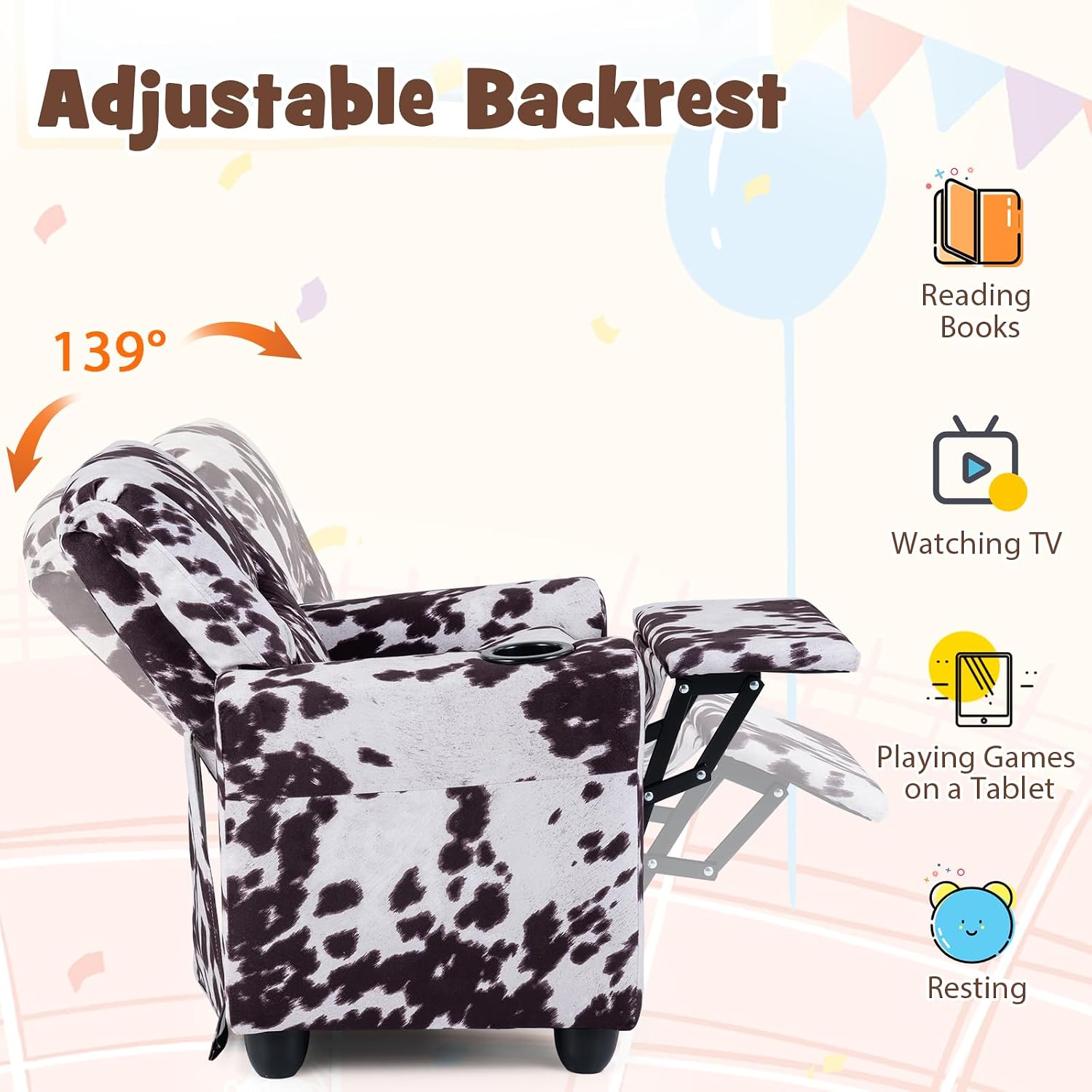 GLACER Kids Recliner with Cup Holder, Velvet Toddler Lounge Chair w/Adjustable Backrest & Footrest, Spring-Loaded Seat Cushion, Push Back Toddler Sofa for Boys & Girls Ages 3+ Years Old (Cow)
