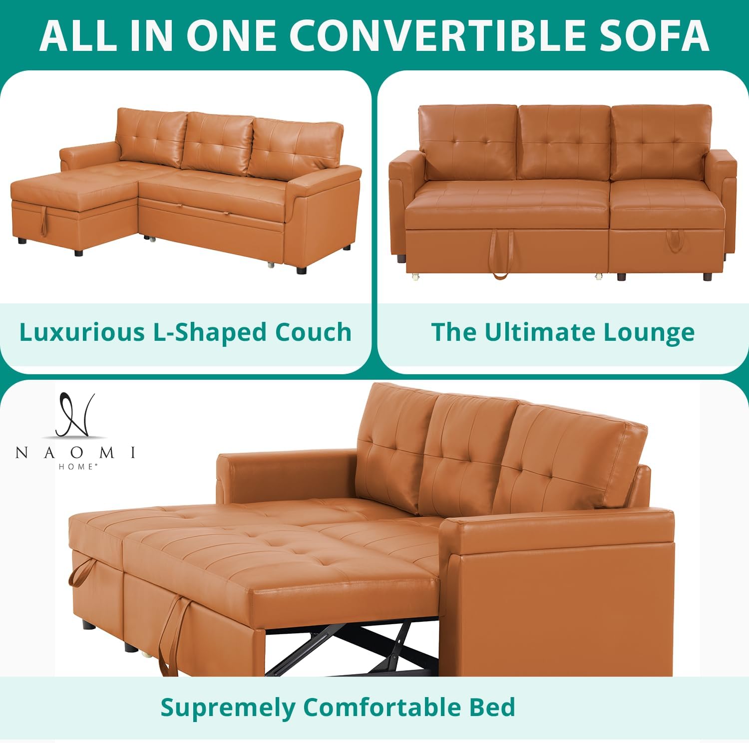 Naomi Home L Shaped Sectional Couch with Storage & Pull Out Bed – 3-in-1 Convertible Sleeper Sofa Bed, Small L Shape Sofa for Living Room, Sofa Bed with Storage Chaise in Caramel, Air Leather