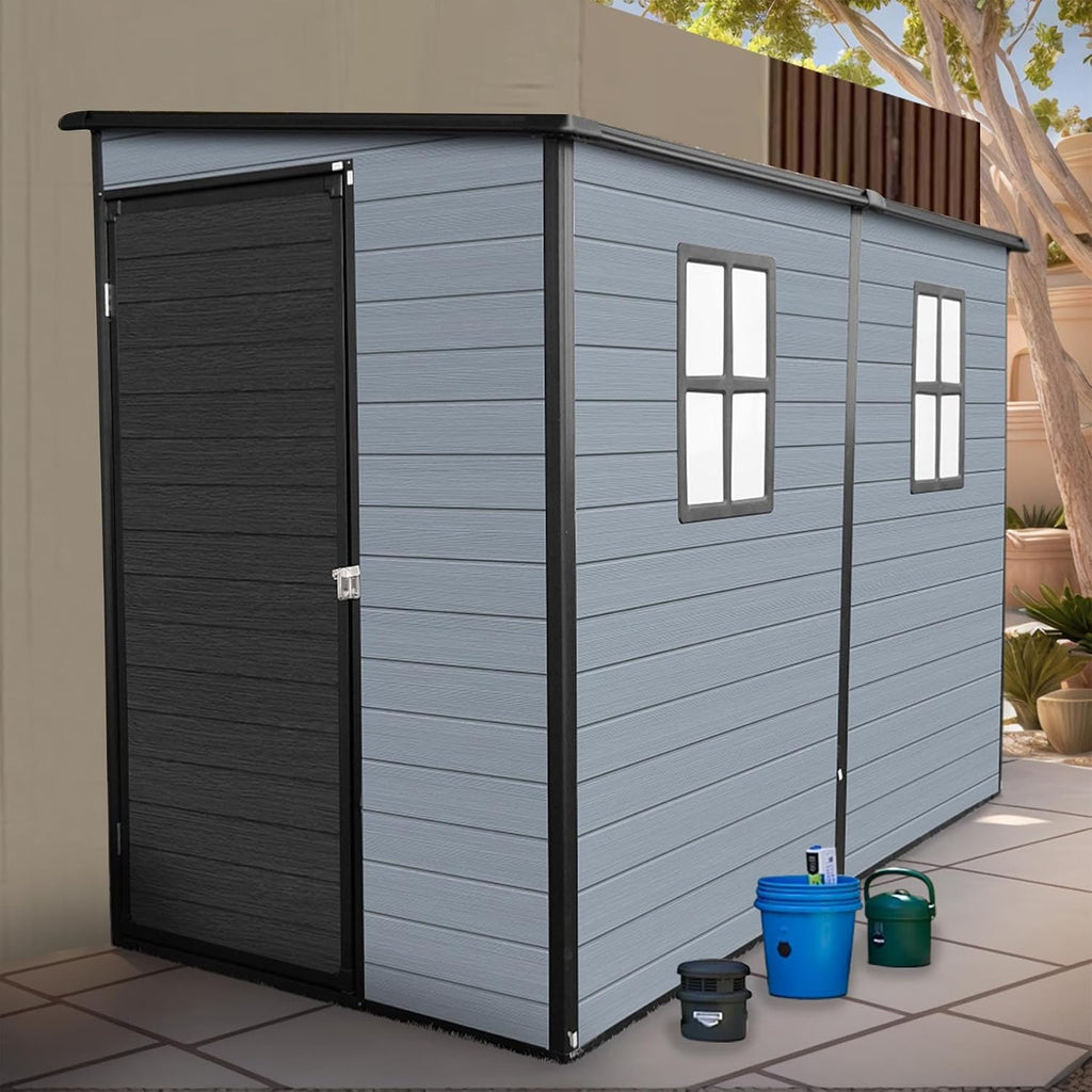 4x8FT Resin Outdoor Storage Shed with 2 Windows, Outdoor Storage Shed with Floor Lockable Door for Garden Tools, Bicycles, Trash Cans, Gray+Black (4x8 FT Steel)