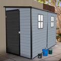 4x8FT Resin Outdoor Storage Shed with 2 Windows, Outdoor Storage Shed with Floor Lockable Door for Garden Tools, Bicycles, Trash Cans, Gray+Black (4x8 FT Steel)
