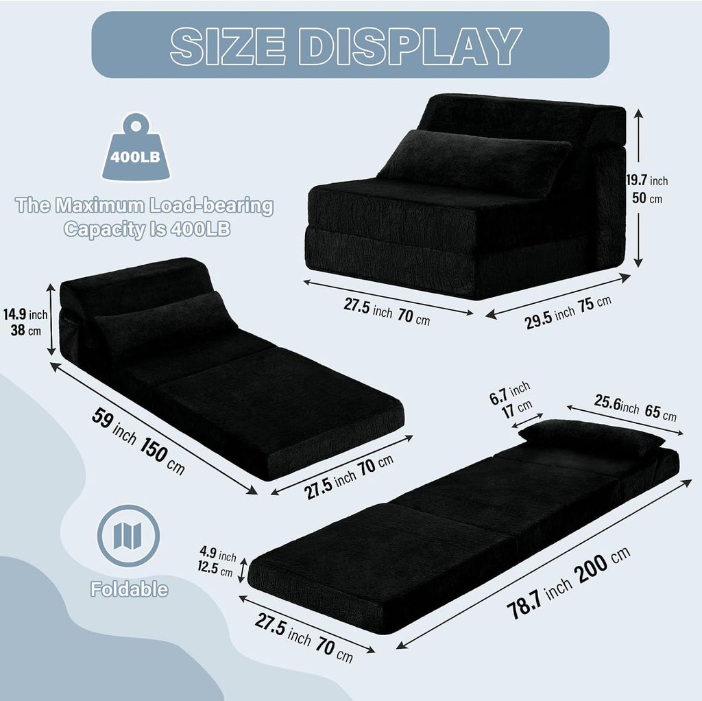 Tiita Convertible Folding Sofa Bed Single Size for Adults with Pillow, Plush Fabric Floor Mattress Couch Bed, Washable Cover & Side Pocket, Guest Room, Dorm, Apartment, Living Room, Black
