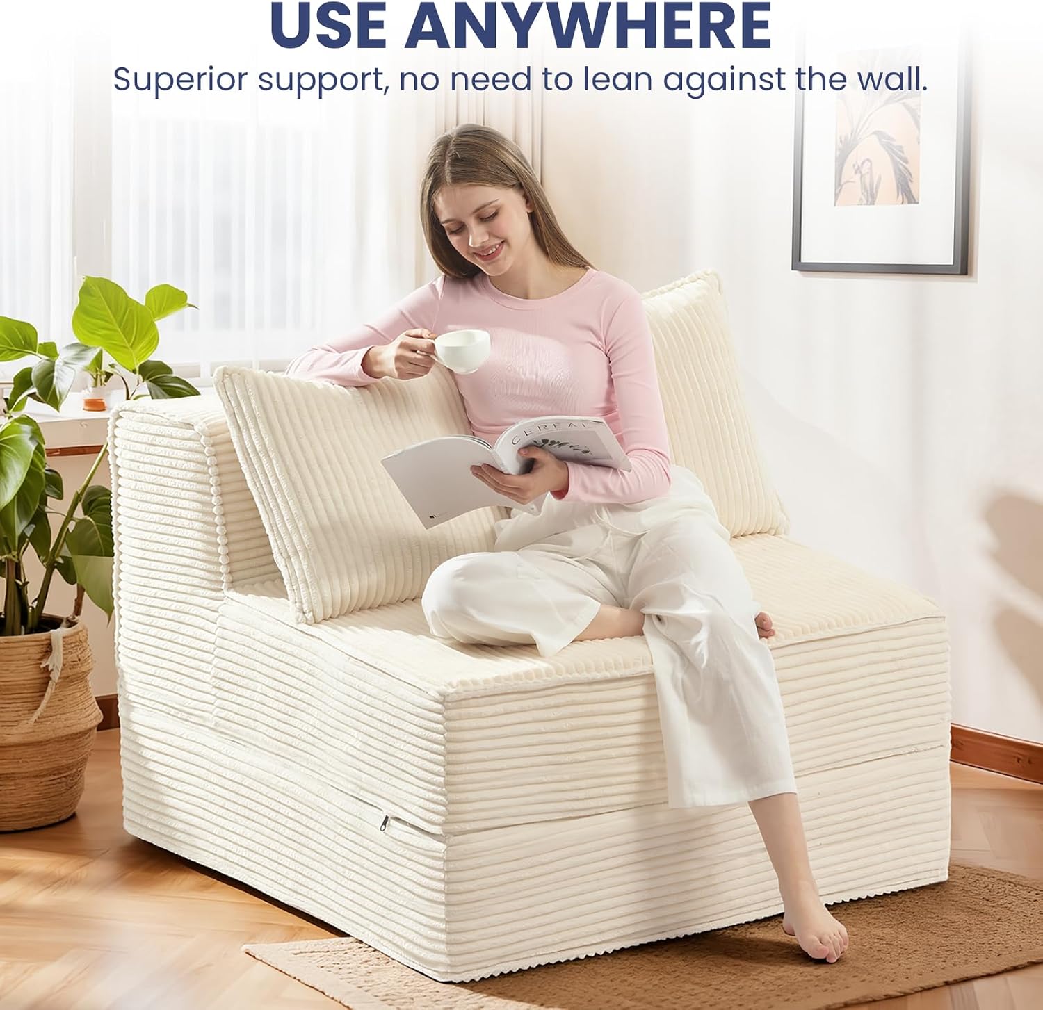 Convertible Sofa Bed, Fold Out Loveseat Sleeper Sofa Chair with Pillow, Folding Sofa Bed with Back Support, Portable Chair Bed Comfy Floor Lounge Sofa for Living Room Bedroom Guest Room, Beige