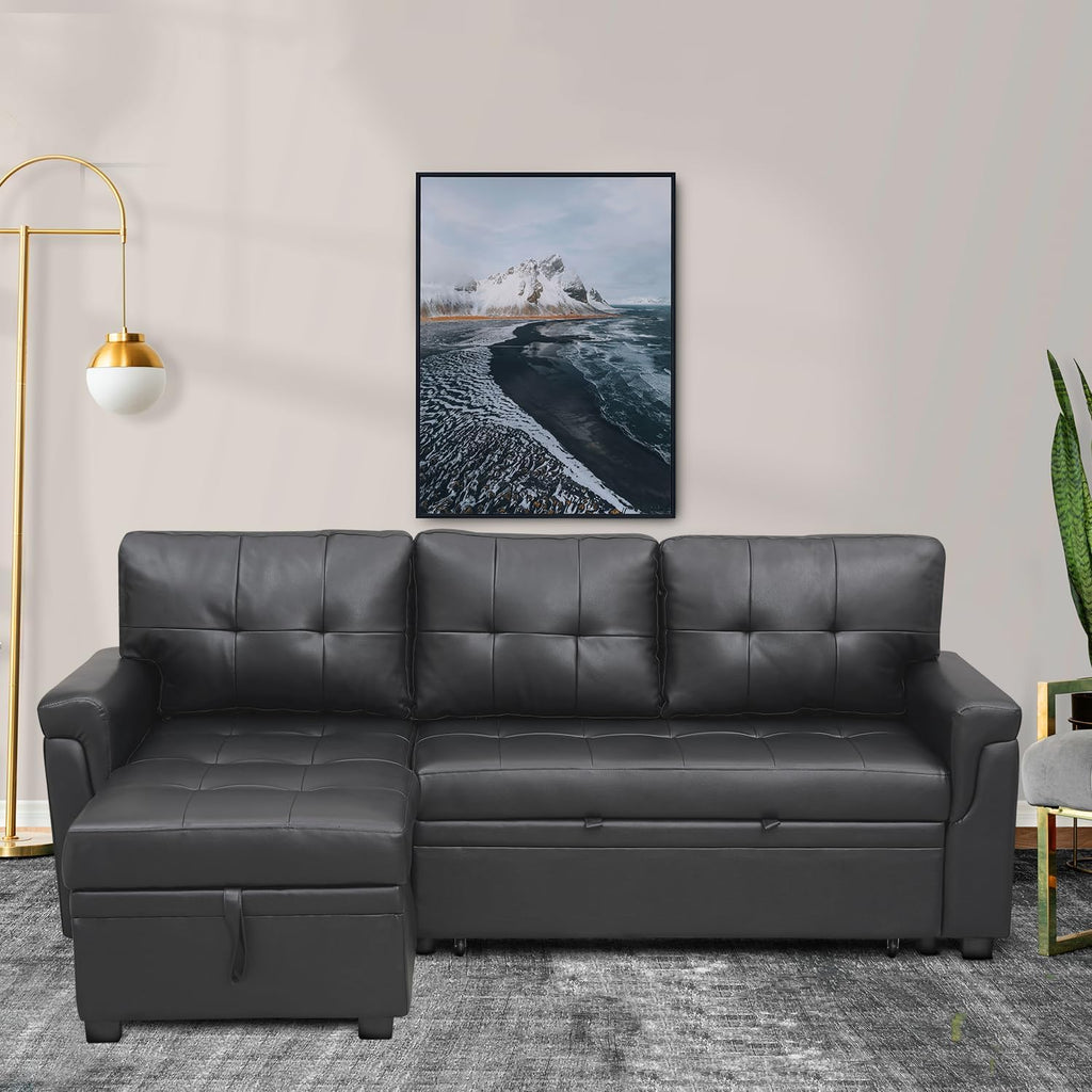 Naomi Home L Shaped Sectional Couch with Storage & Pull Out Bed – 3-in-1 Convertible Sleeper Sofa Bed, Small L Shape Sofa for Living Room, Sofa Bed with Storage Chaise in Black, Air Leather