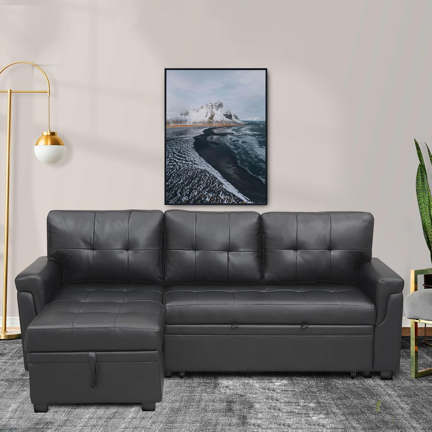 Naomi Home L Shaped Sectional Couch with Storage & Pull Out Bed – 3-in-1 Convertible Sleeper Sofa Bed, Small L Shape Sofa for Living Room, Sofa Bed with Storage Chaise in Black, Air Leather