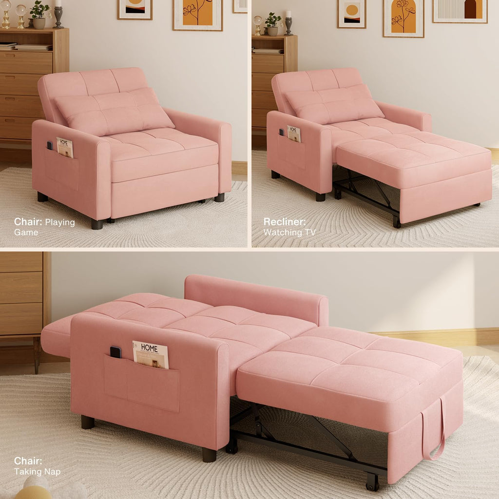 Aiho Convertible Sleeper Chair with Pillow & Pocket, 3-in-1 Sofa Bed in Modern Linen Fabric for Apartment, Pink
