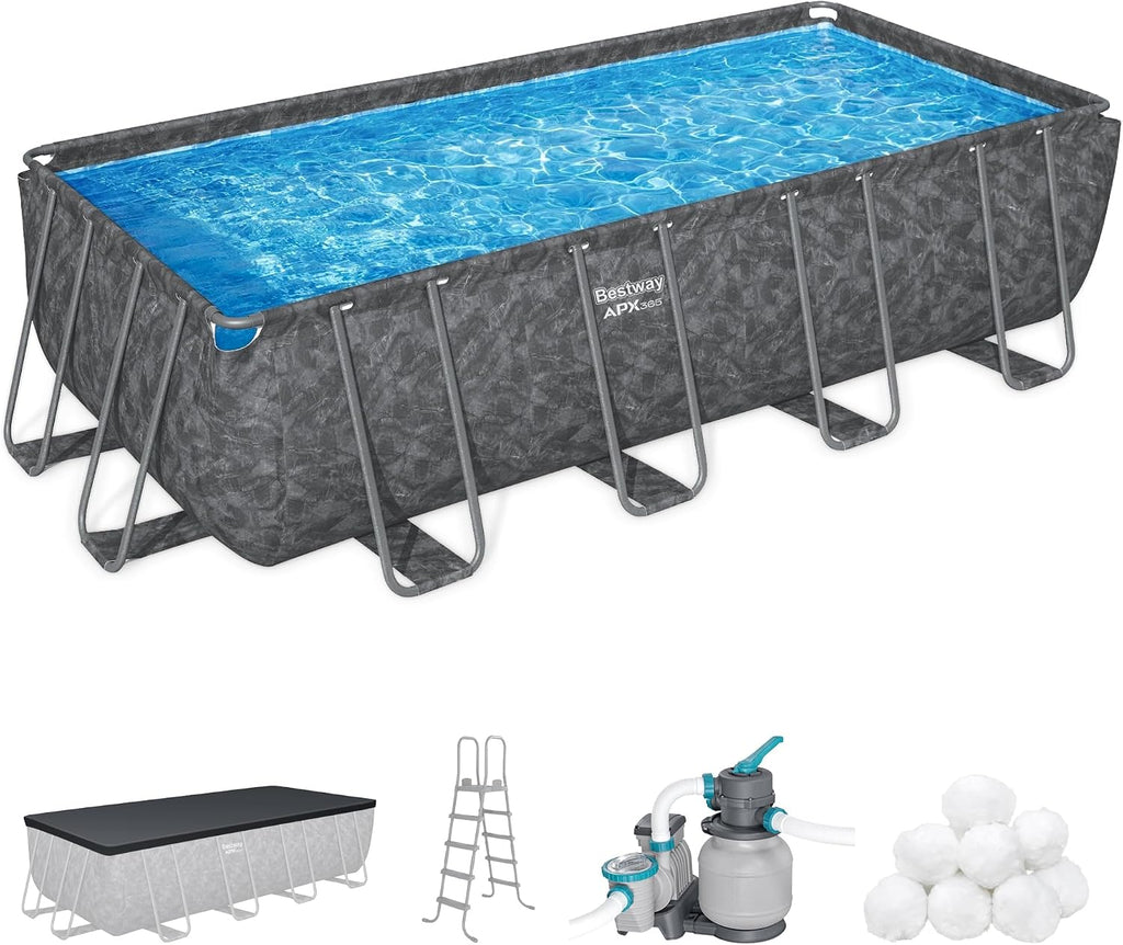 Bestway APX 365 18' x 9' x 52' Above Ground Pool, Rectangular Metal Frame Outdoor Swimming Pool Set with Sand Filter Pump, Ladder, and Cover, Dark Marble
