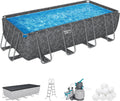 Bestway APX 365 18' x 9' x 52' Above Ground Pool, Rectangular Metal Frame Outdoor Swimming Pool Set with Sand Filter Pump, Ladder, and Cover, Dark Marble