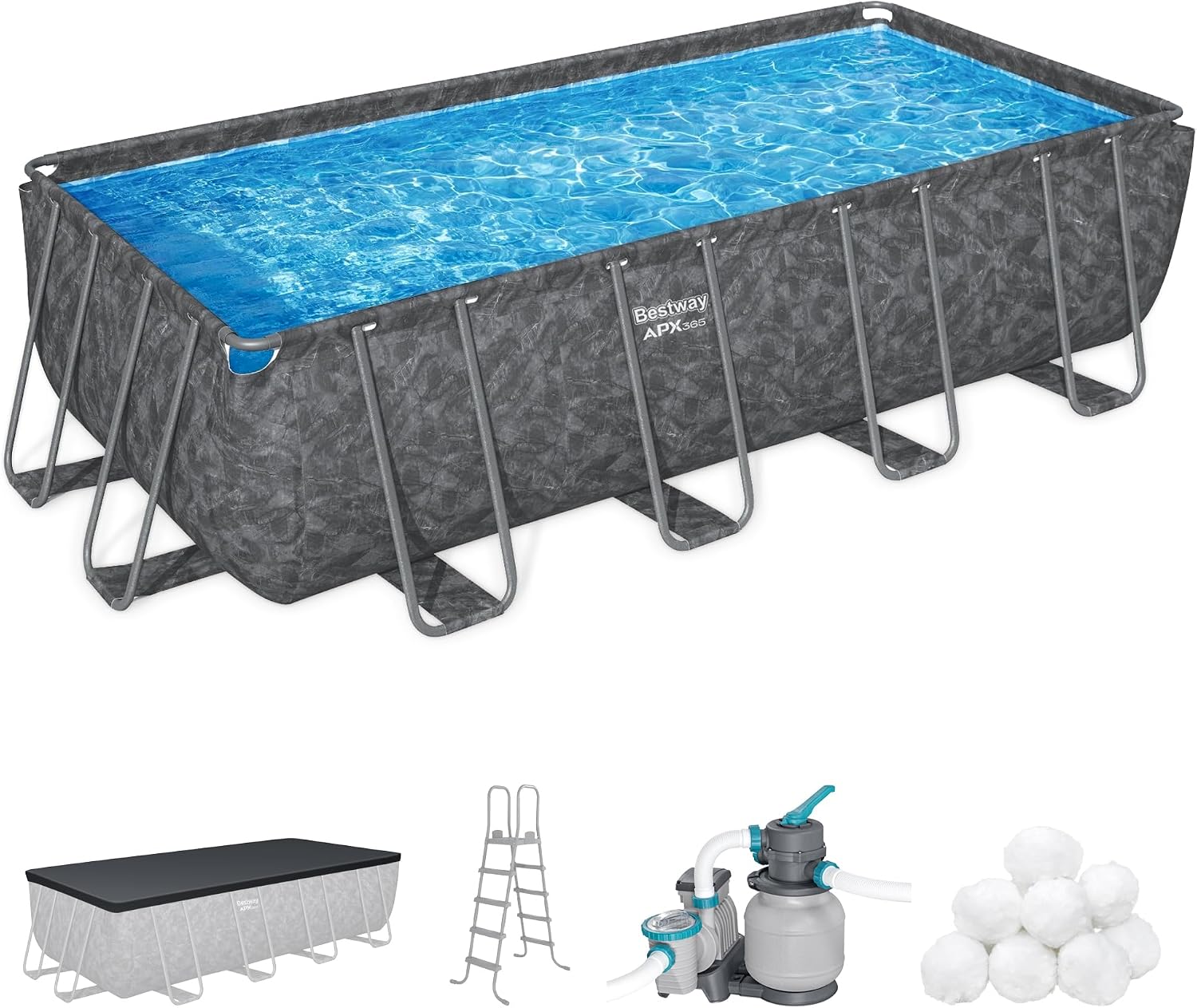 Bestway APX 365 18' x 9' x 52' Above Ground Pool, Rectangular Metal Frame Outdoor Swimming Pool Set with Sand Filter Pump, Ladder, and Cover, Dark Marble