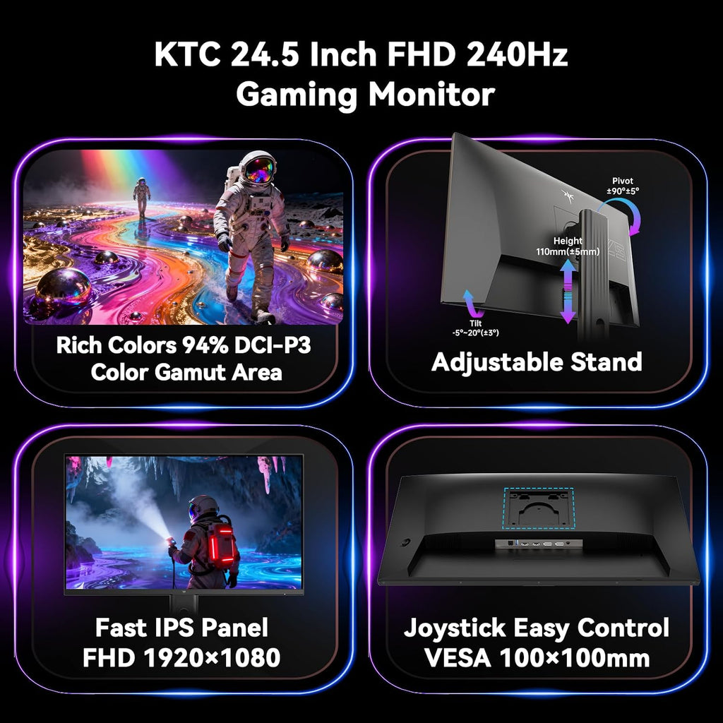 KTC 24.5 Inch 240Hz Gaming Monitor, FHD 1080p Fast IPS Computer Monitor, 1ms with Adaptive-Sync, HDR400, HDMI x2, DPx1, VESA Mount, Tilt/Pivot/Height Adjustment, H25T7-3