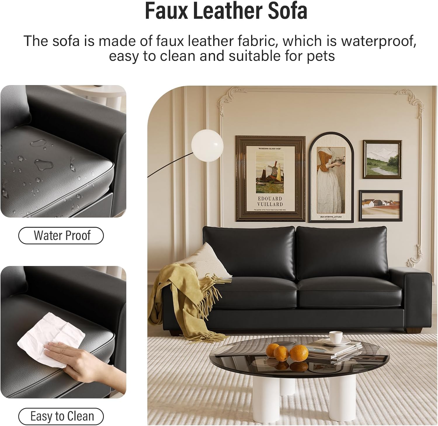 Valthie Faux Leather Couch, Mid Century Modern Comfy Loveseat Sofa with Wide Arm, Side Pockets, Solid Wooden Frame for Office, Living Room and Bedroom, 2 Seater (Black, 71.25 Inches)