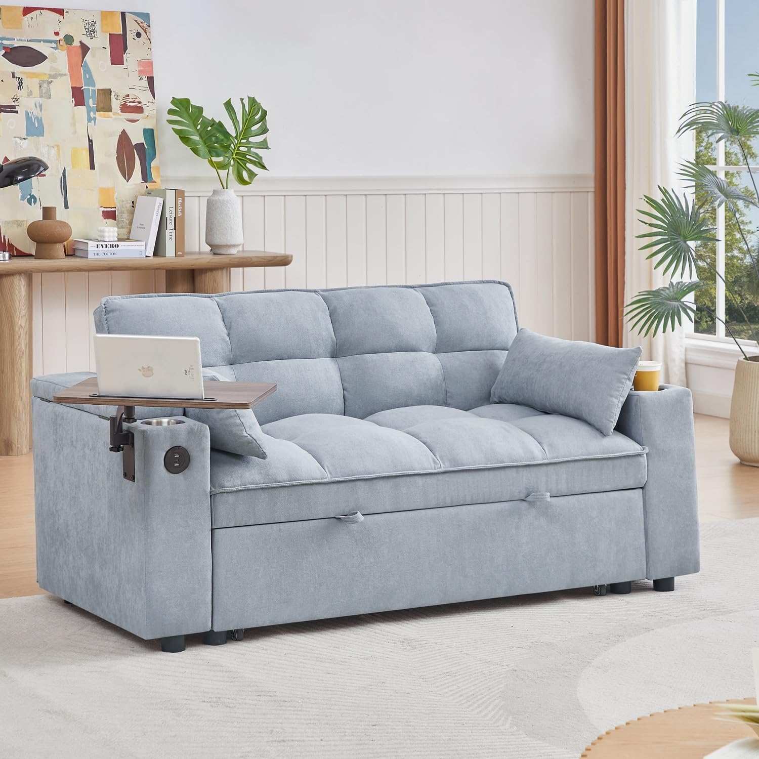 oaaktu 65''Convertible Sleeper Sofa Bed,3-in-1 Pull Out Couch Bed with 360 Degree rotatable Side Table and USB Ports for Living Room,RV (07 Light Grey)