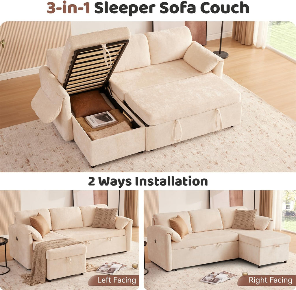 Tbfit 83'' 3 in 1 Sleeper Sofa Couch with USB & Storage Chaise, Cloud Sofa Bed with Pull Out Bed, Chenille Convertible Sleeper Sofas for Living Room, Small Spaces, Beige