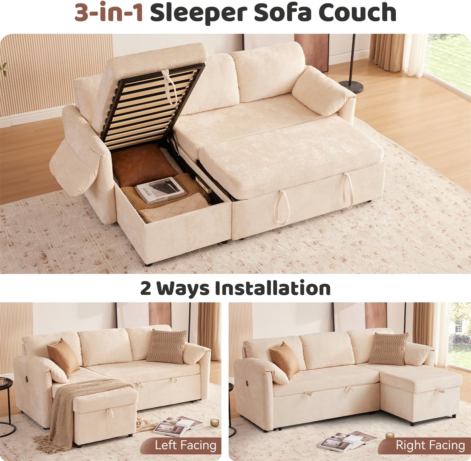 Tbfit 83'' 3 in 1 Sleeper Sofa Couch with USB & Storage Chaise, Cloud Sofa Bed with Pull Out Bed, Chenille Convertible Sleeper Sofas for Living Room, Small Spaces, Beige