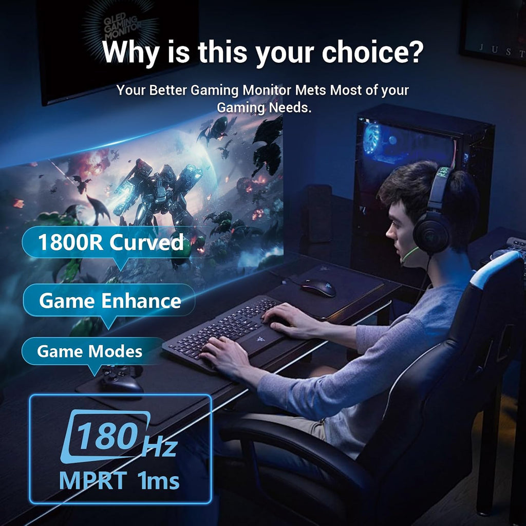 27 inch Curved Gaming Monitor 180Hz FHD 1080p, 1ms VA Display, 1800R,FreeSync Premium, Borderless Design, Eye Care, Built-in Speakers, HDMI/DisplayPort, PC Office Monitor for Working and Gaming