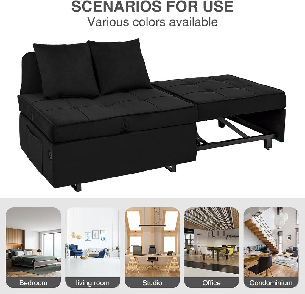 Sofa Bed 4-in-1 Convertible pull out Couch, Velvet Love seat Couch Sleeper Chair Bed with 2 Throw Pillow, Single Recliner with 5 Adjustable Backrests for Living Room Apartment Small Space, Black