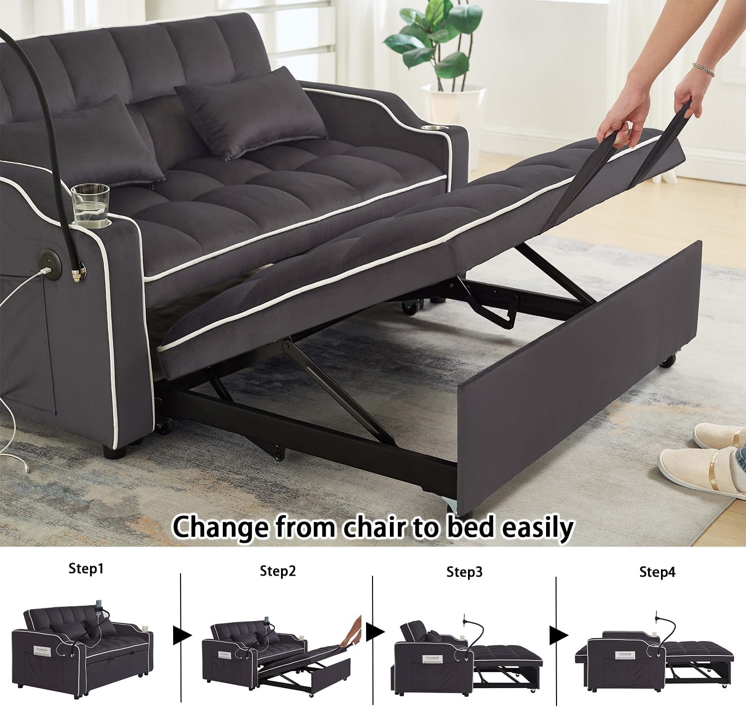 Convertible Sofa Bed, 3 in 1 Futon Sofa Bed with USB Charging Ports, Cup Holder, Phone Stand & Pocket, Modern Upholstered Sleeper Sofa for Living Room, Apartment or Small Space (Grey-L)