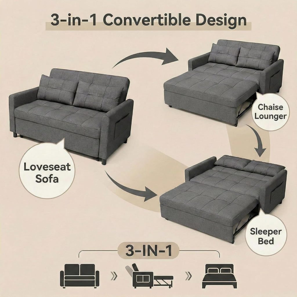 Gizoon 3-in-1 Convertible Loveseat Sleeper Couch Bed, 71.7' Extended Pull Out Sofa Bed, Linen Fabric Small Futon Sofa Bed with 2 Pillows for Apartment, Living Room, Bedroom, Dark Grey