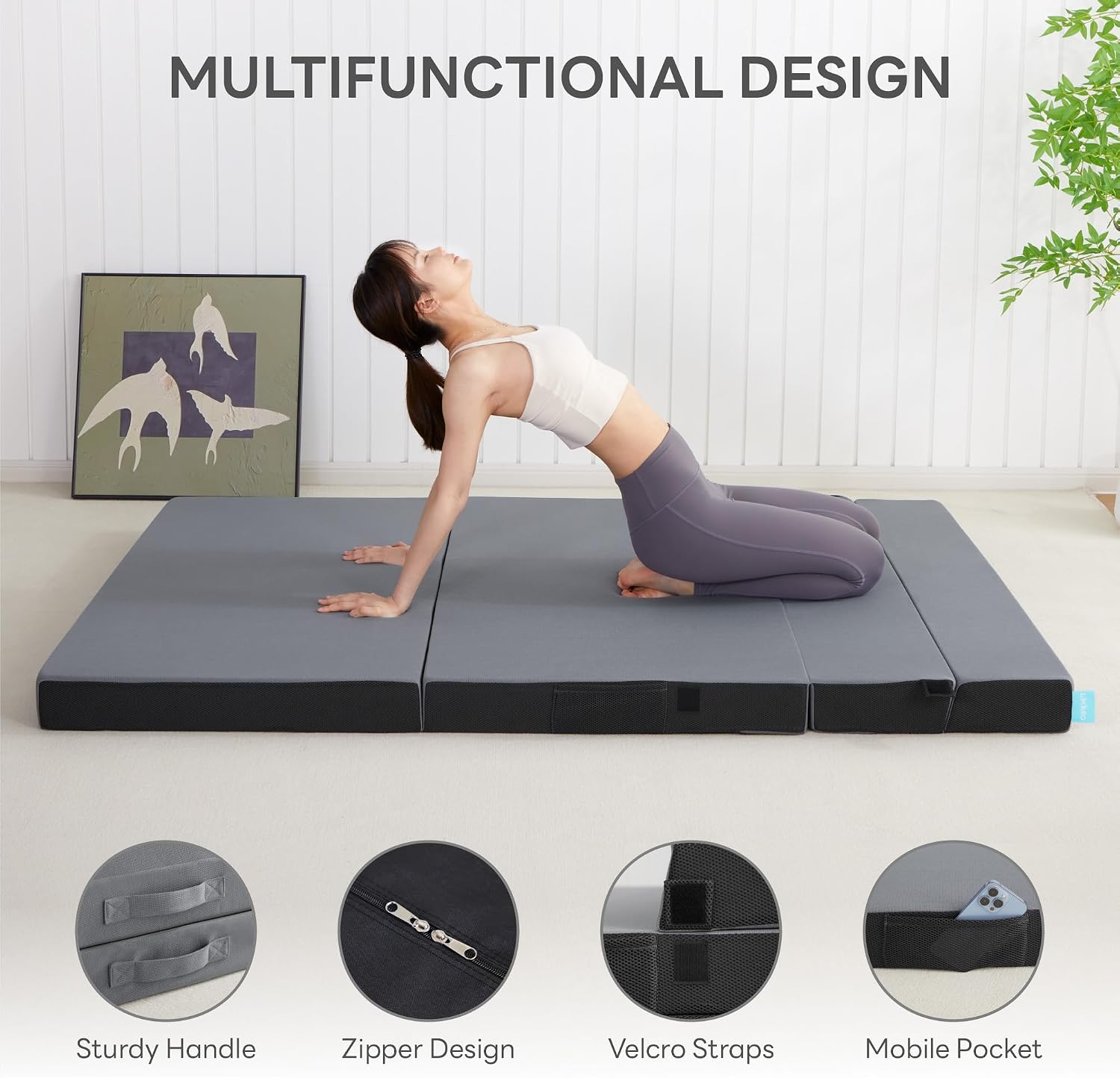 LIKIMIO Folding Mattress Full, High Density Foam Mattress with Breathable and Washable Cover & Storage Bag, 4 Inch Foldable Mat Topper for Camping, RV and Yoga, Handle Design, Gray