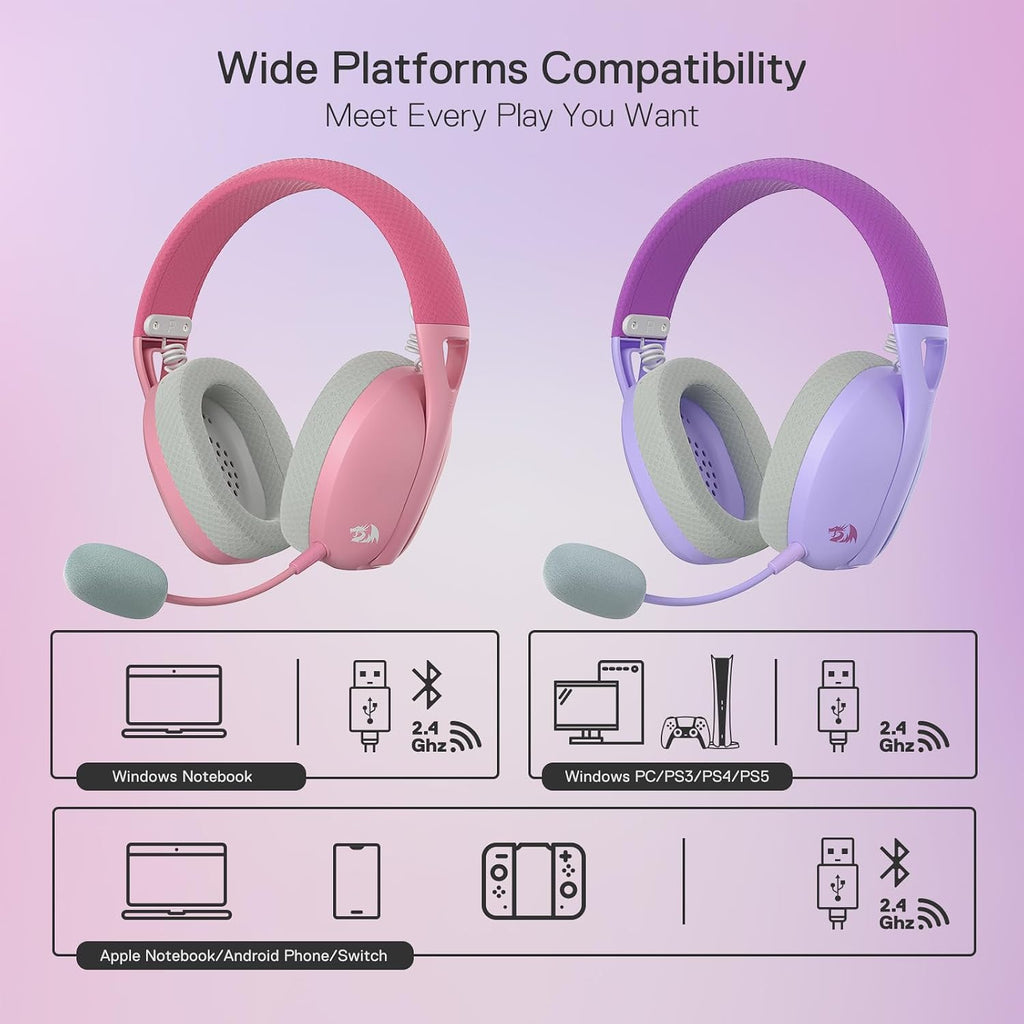 Redragon H848 Wireless Gaming Headset - Lightweight - 7.1 Surround Sound - 40MM Drivers - Detachable Microphone - Multi Platforms for PC, PS5/4/3, Switch, Mobile