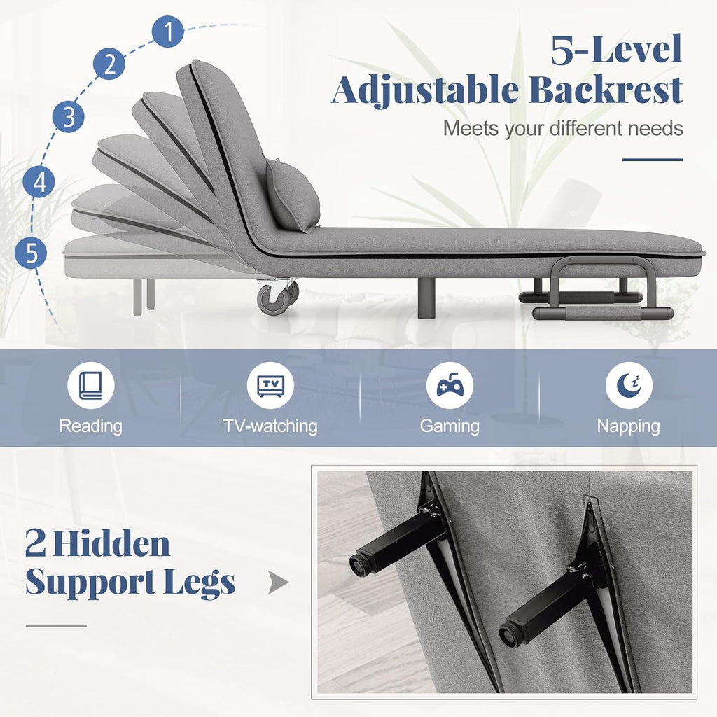 Giantex Convertible Sofa Bed, 3-in-1 Folding Sleeper Chair with 5-Position Adjustable Backrest, Wheels, 2 Legs, Recliner Chaise Lounge with Pillow, Armchairs for Nursery Living Room (Light Gray)