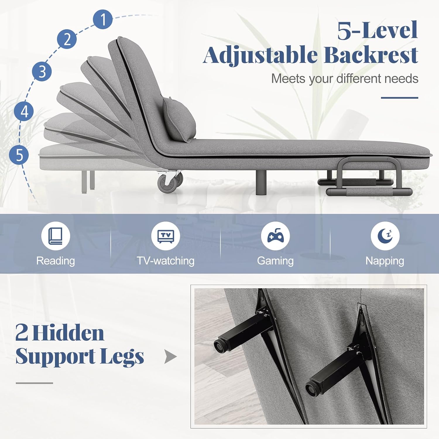 Giantex Convertible Sofa Bed, 3-in-1 Folding Sleeper Chair with 5-Position Adjustable Backrest, Wheels, 2 Legs, Recliner Chaise Lounge with Pillow, Armchairs for Nursery Living Room (Light Gray)
