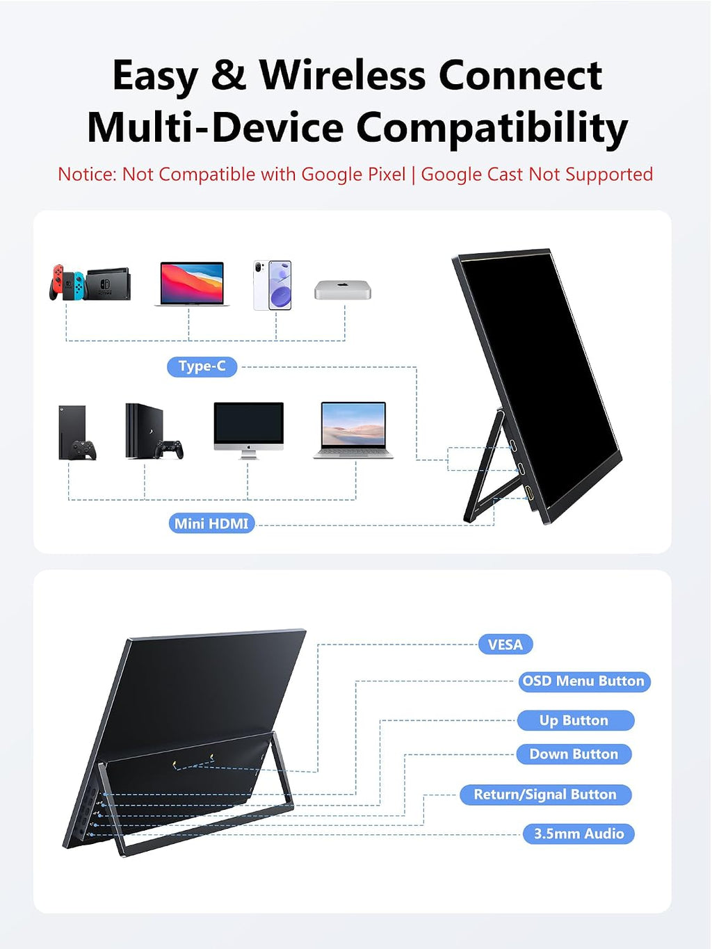 Wireless Portable Monitor with Battery, Wireless Monitor for Laptop-15.6' 1080P FHD Travel Monitor for Laptop, Support AirPlay Miracast for Windows/Mac/Android/iOS